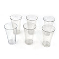 Transparent plastic drinking glasses filled with refreshing beverages.