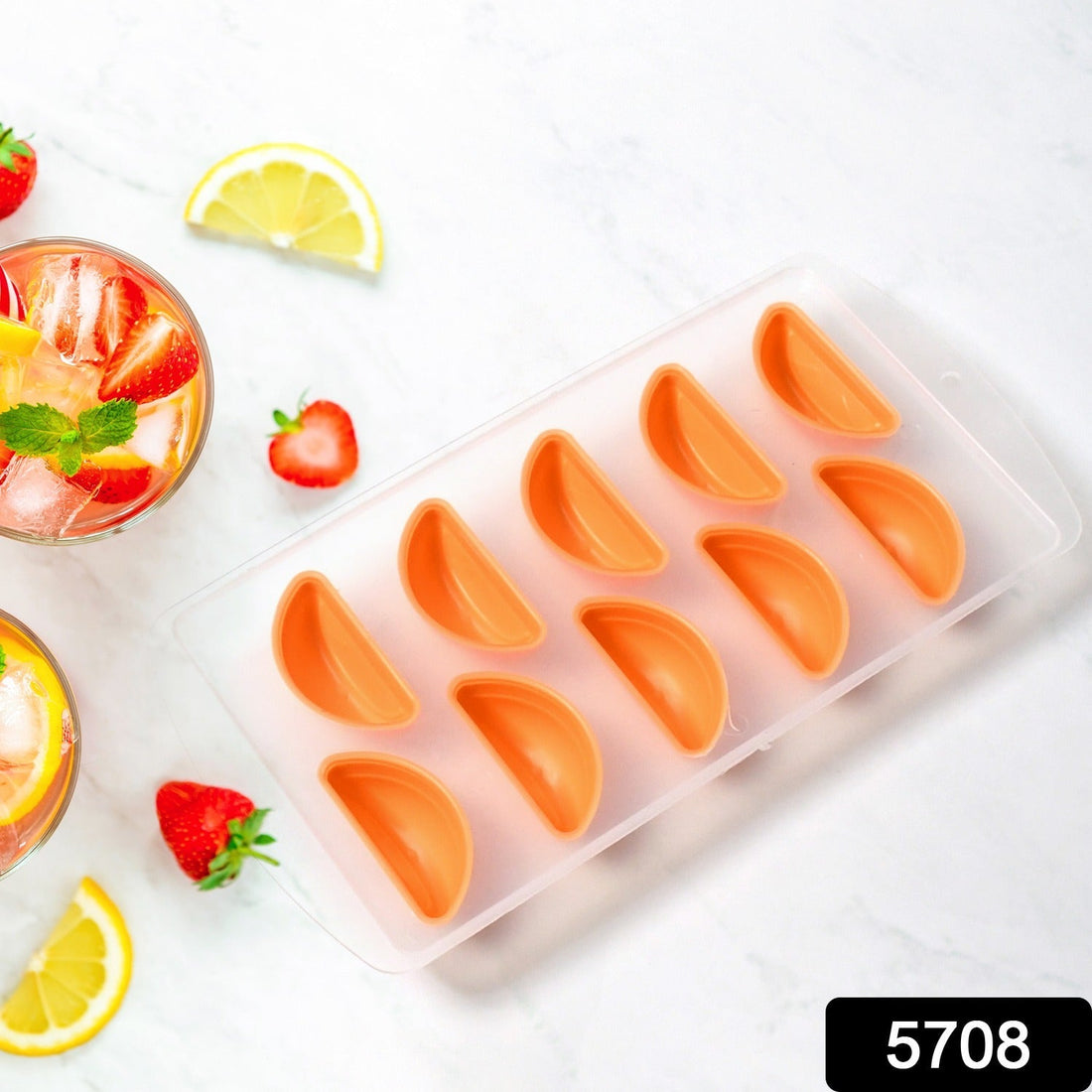 Vibrant silicone fruit ice tray with various fruit shapes.