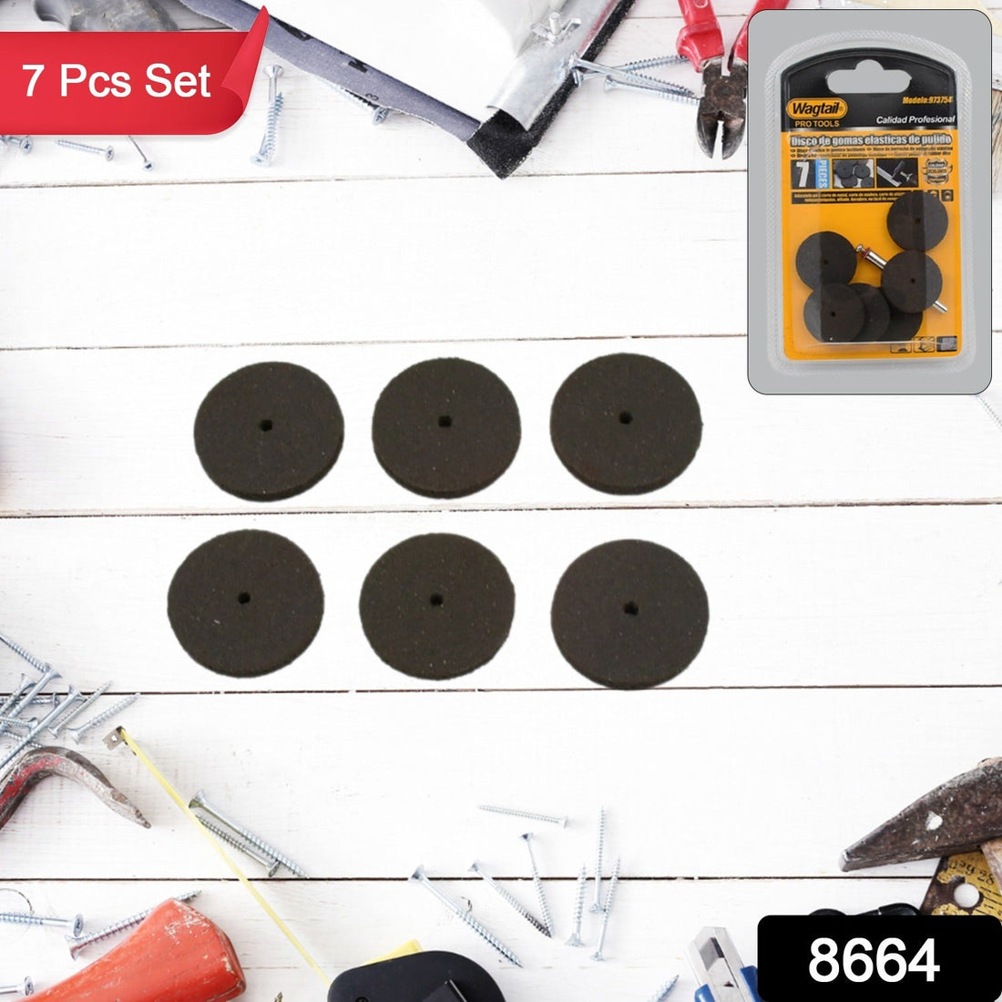 A complete 7-piece set of Wagtail grinder cutting discs for versatile use.