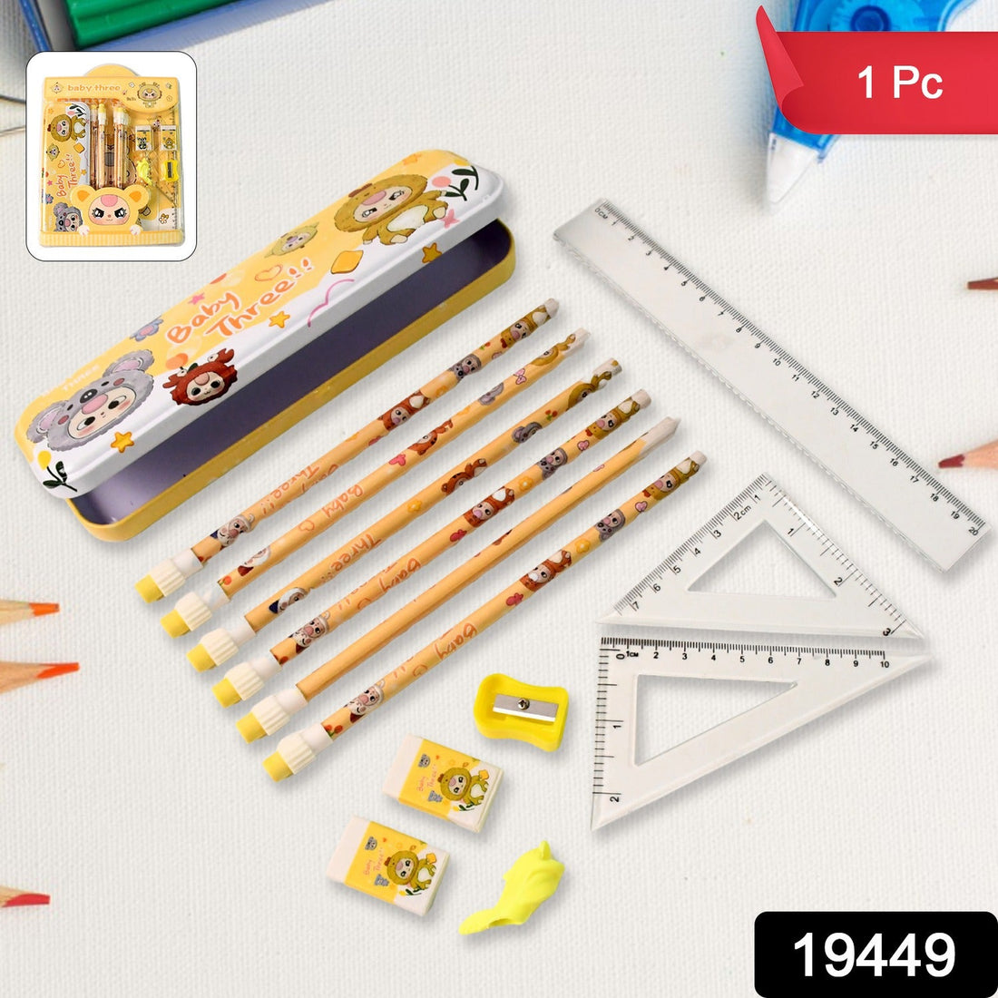 14-piece kids stationery kit with cartoon metal pencil box and colorful printed pencils