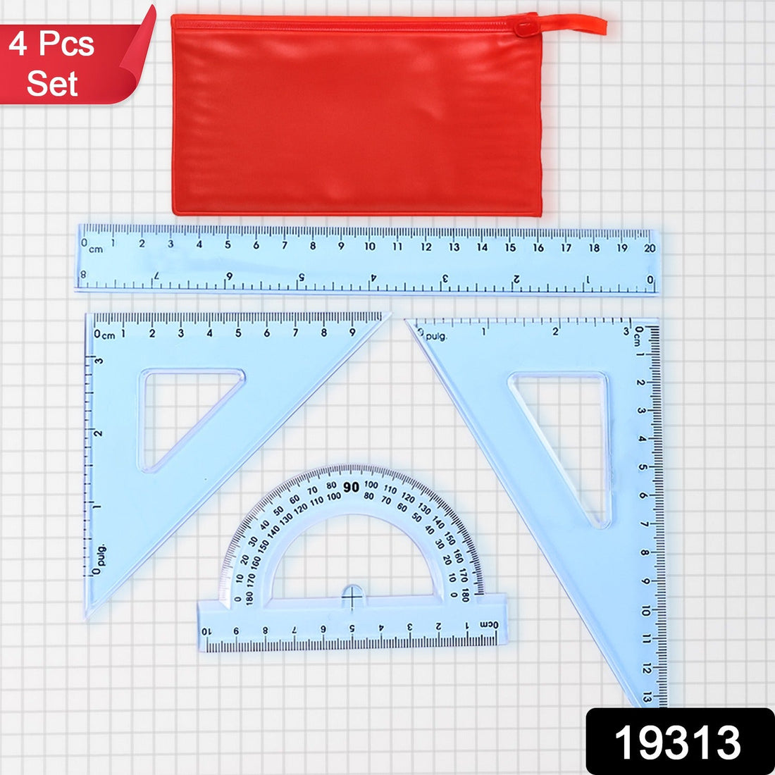 4-piece transparent geometry instrument set with ruler, protractor, and set squares