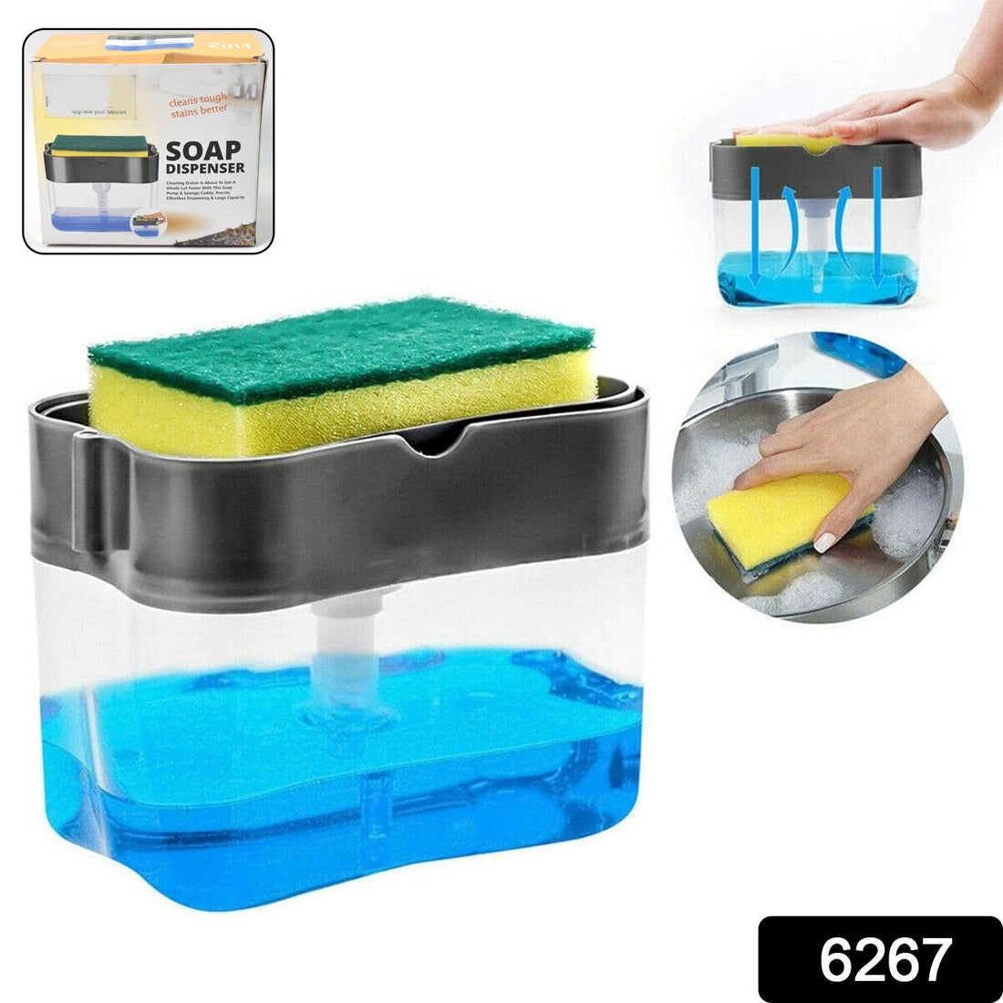 Konvex 2-in-1 Soap Dispenser with built-in scrub holder on a kitchen counter.