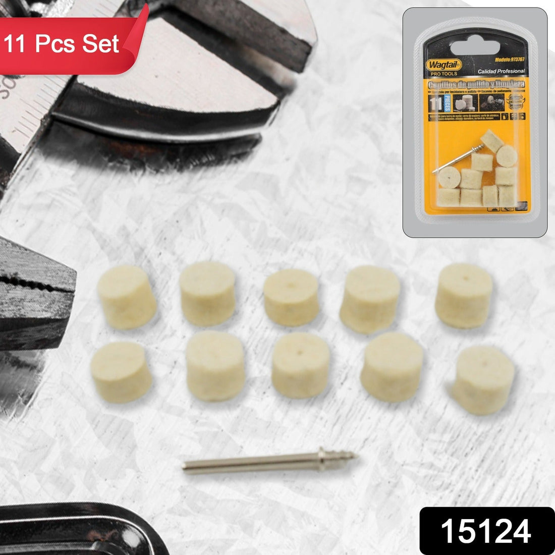 Wool Felt Polishing Pad set for rotary tools, featuring various shapes.