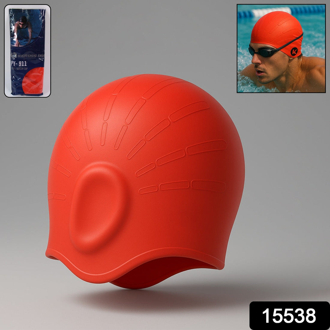 Red silicone swimming cap front view showing durable material