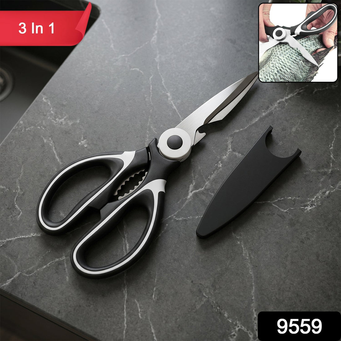 Multi-purpose 3 in 1 kitchen scissors with steel blades