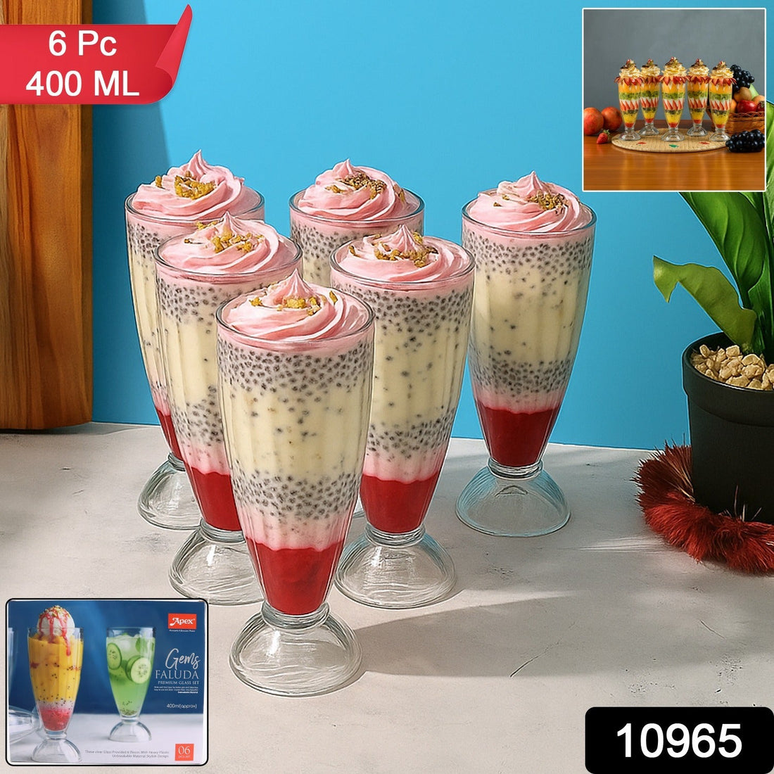Set of six premium 400ML dessert and falooda glasses showcasing clear tall design