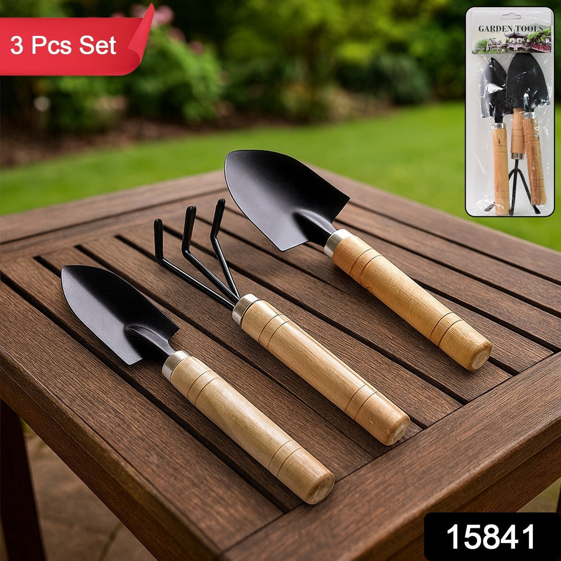 3-piece garden tool kit with durable wooden handles and metal heads