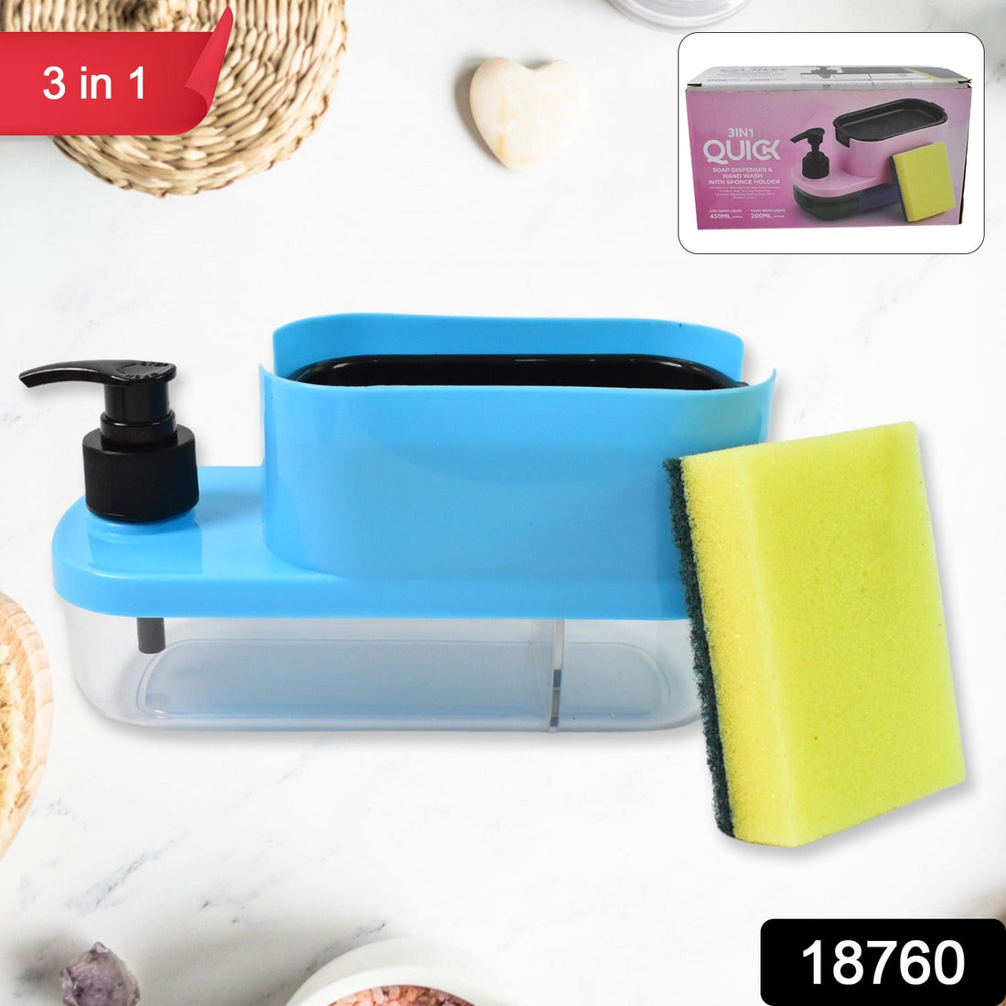 3-in-1 Soap Dispenser with sponge holder neatly placed on a modern kitchen sink.