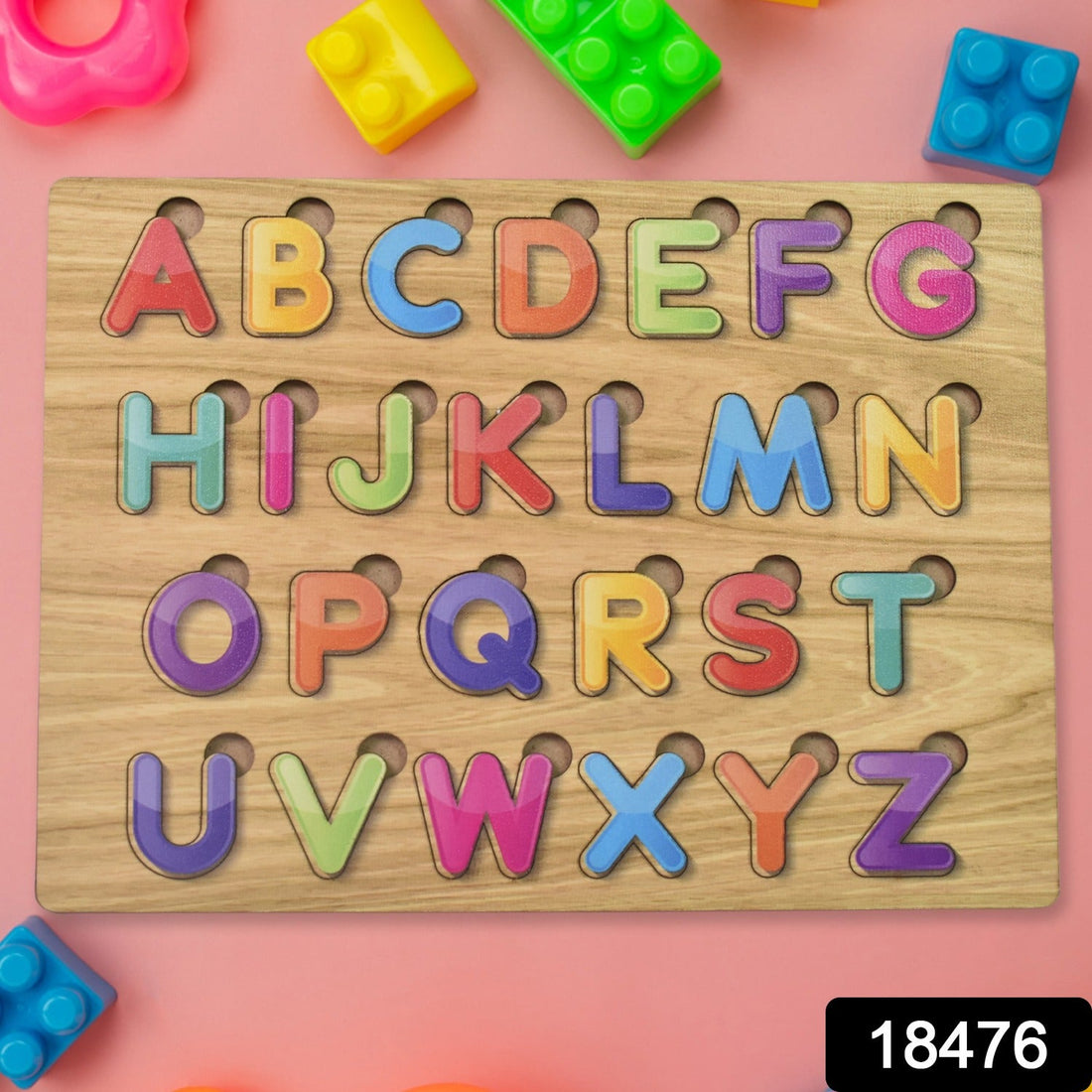 Wooden ABC Puzzle board with colourful letters and shapes for early learning.