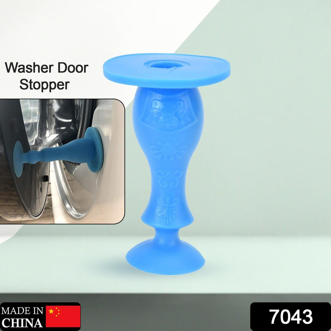 Front view of a rubber washer door stopper with suction cup, ready for use.