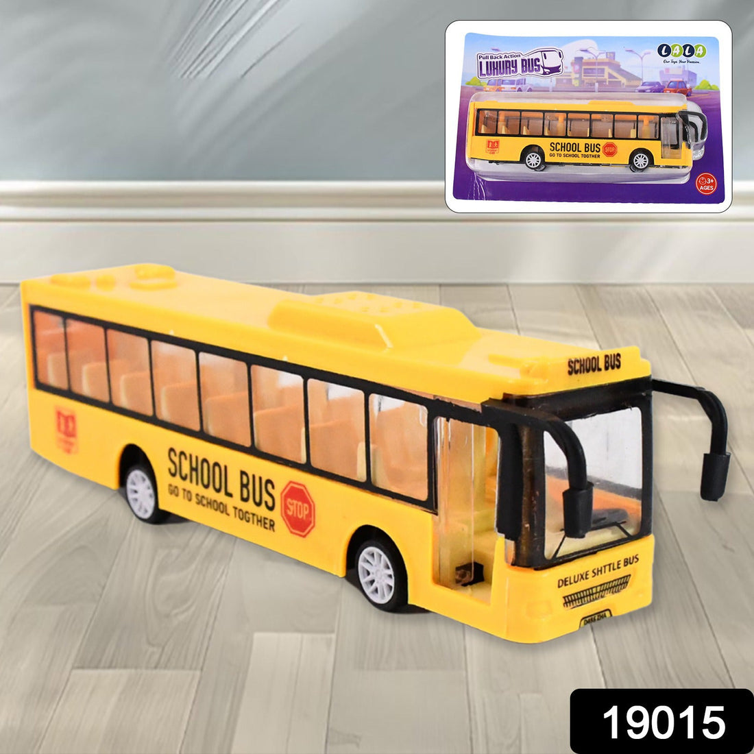 Front view of yellow mini bus toy with realistic details