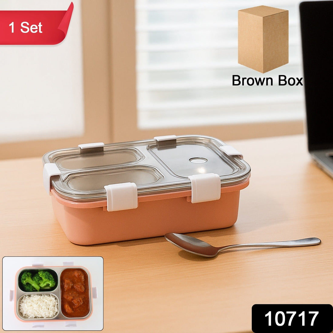 3-Compartment Lunch Box with a transparent lid and secure clips.