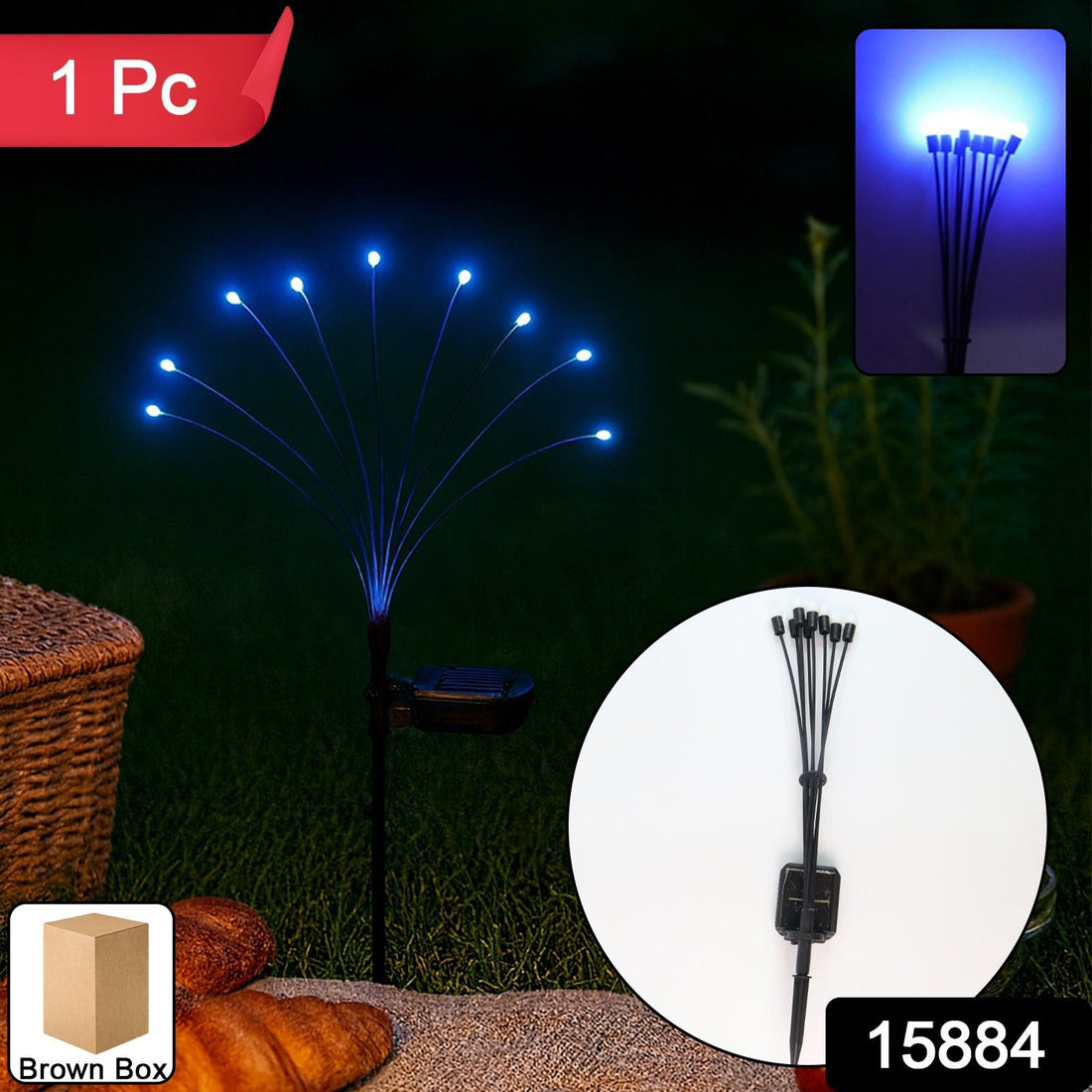Solar LED fiber optic garden light illuminating a pathway at night