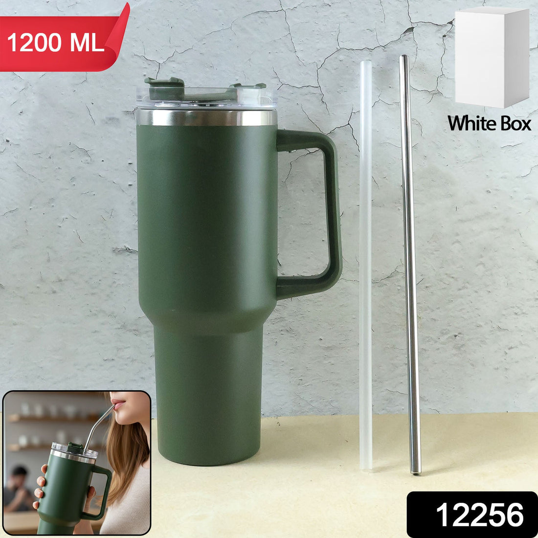 1200ML insulated travel mug with handle and straw in matte finish