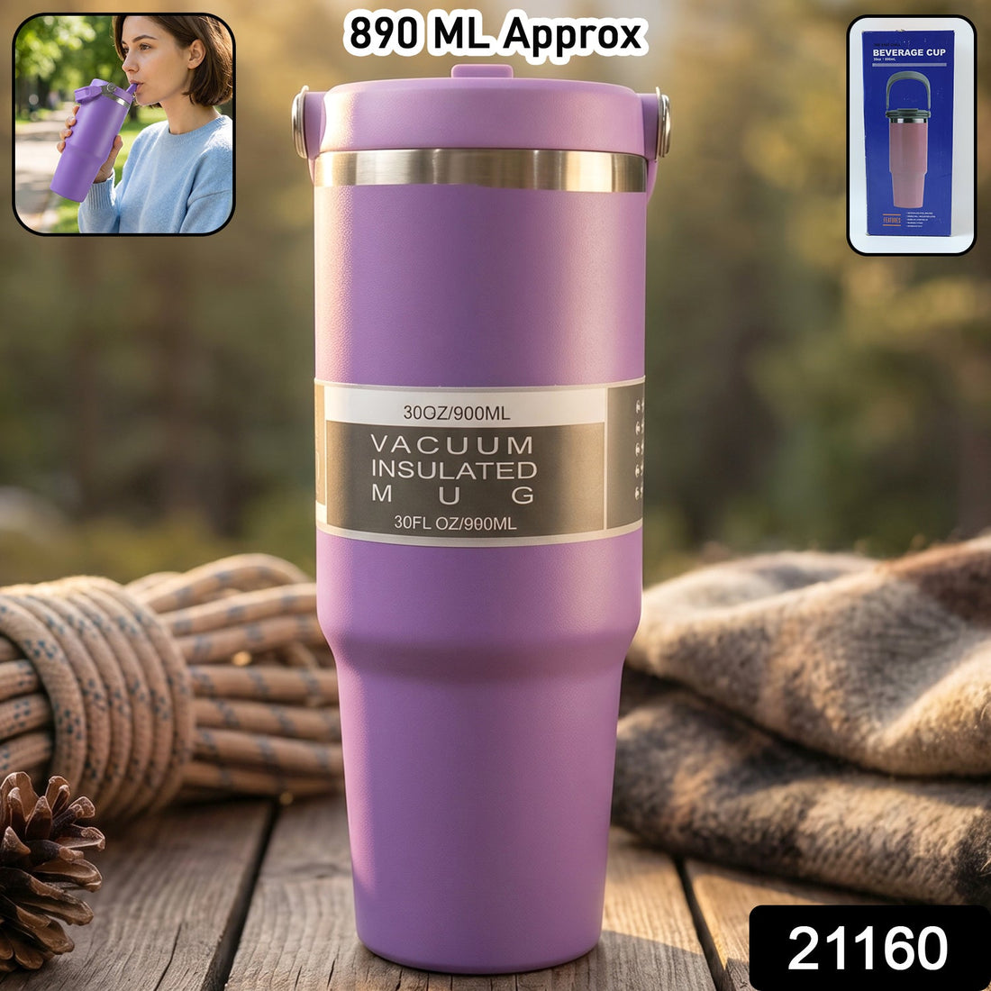 890ML vacuum insulated stainless steel travel mug with straw and ergonomic handle