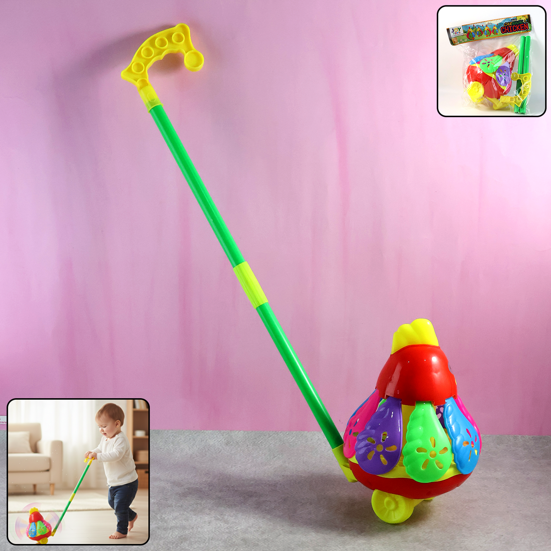 Toddler playing with colorful chicken push toy boosting motor skills