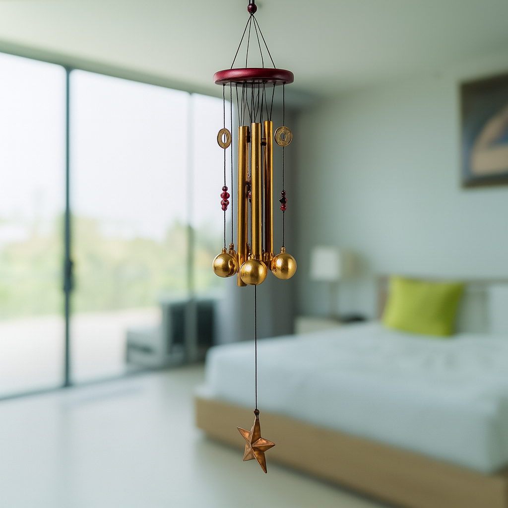 Dragonfly outdoor wind chime hanging in peaceful garden setting