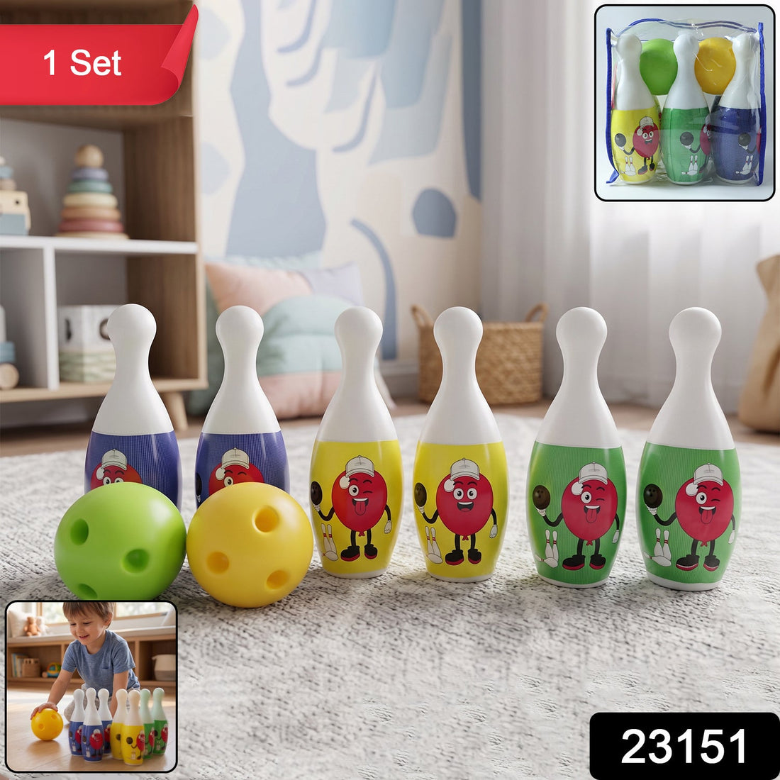 Colorful kids bowling set with pins and balls for indoor and outdoor play