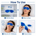 Blue cooling gel eye mask demonstrating use for puffy eyes relief