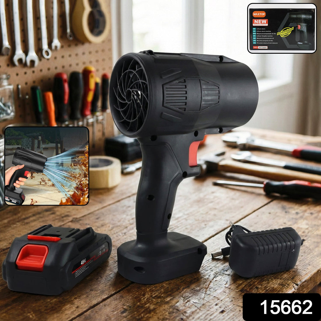 High power cordless leaf blower with rechargeable battery in white and black