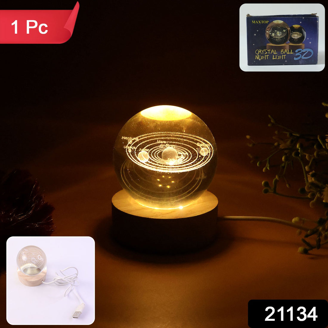 3D crystal ball night lamp glowing with warm LED light on wooden base