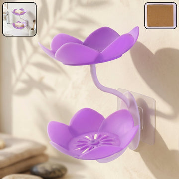 A flower shape double layer plastic soap dish in white, featuring a self draining petal design.