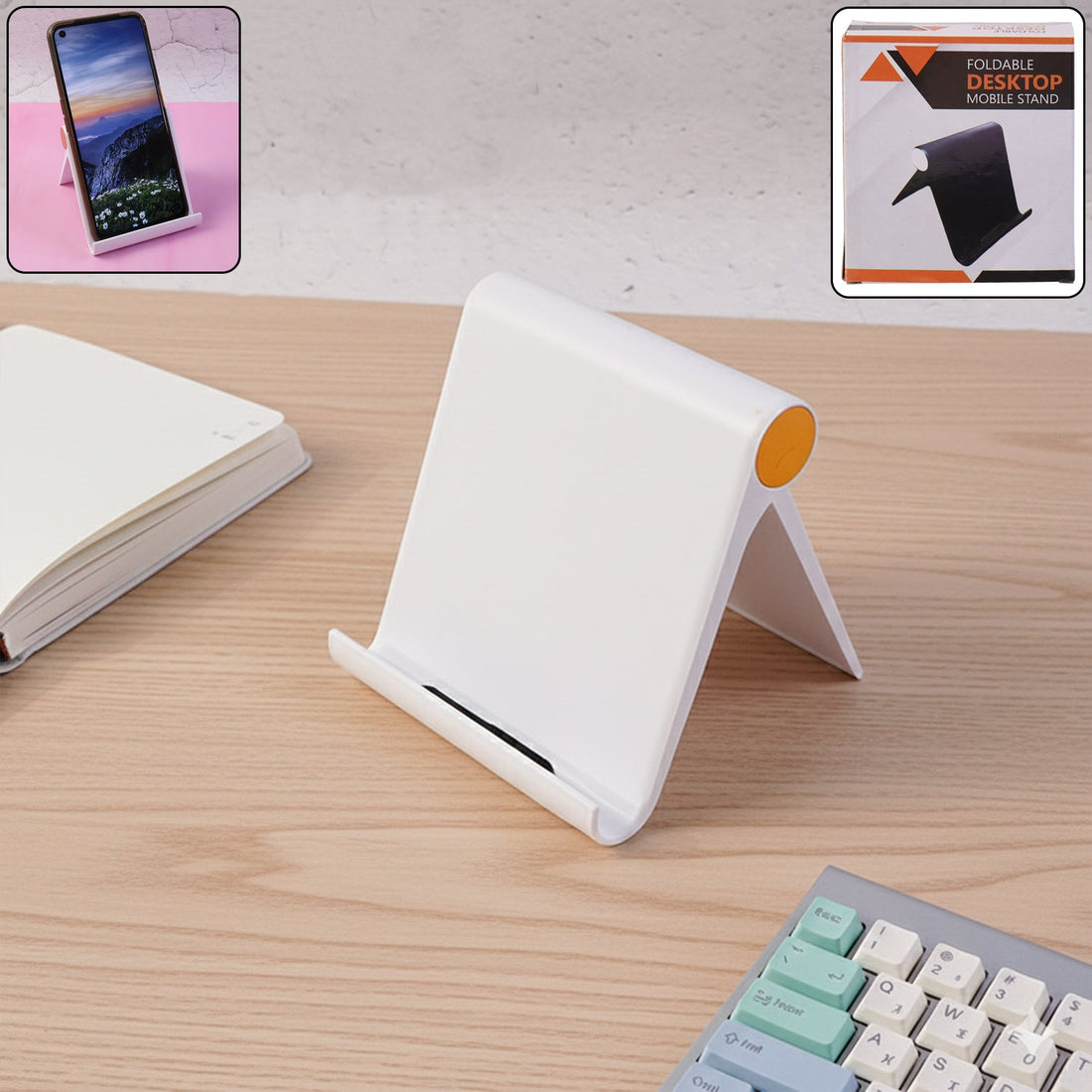 Slim white foldable plastic desktop mobile stand holding smartphone