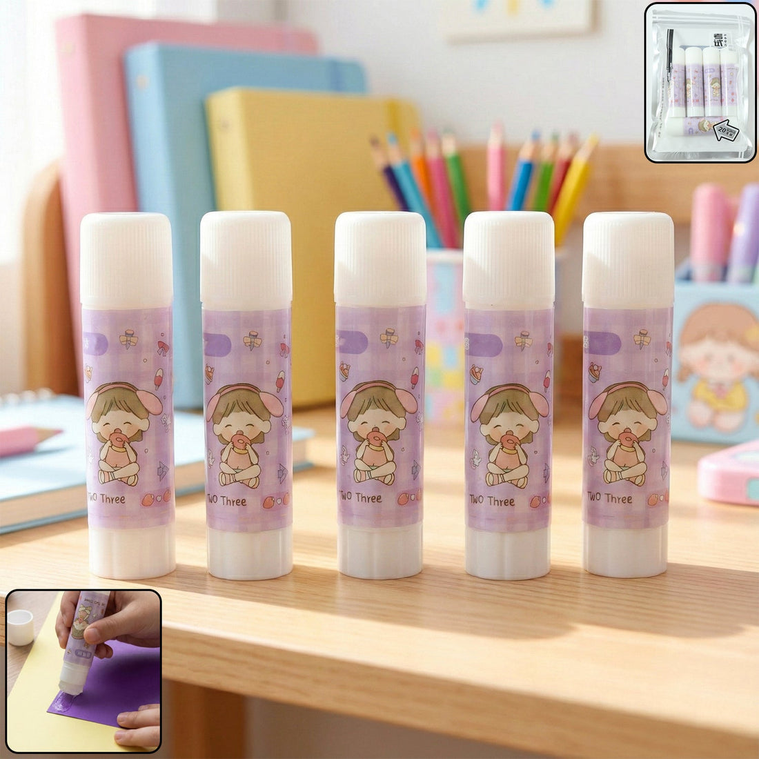 Pack of solid glue sticks with fun cartoon design for crafts