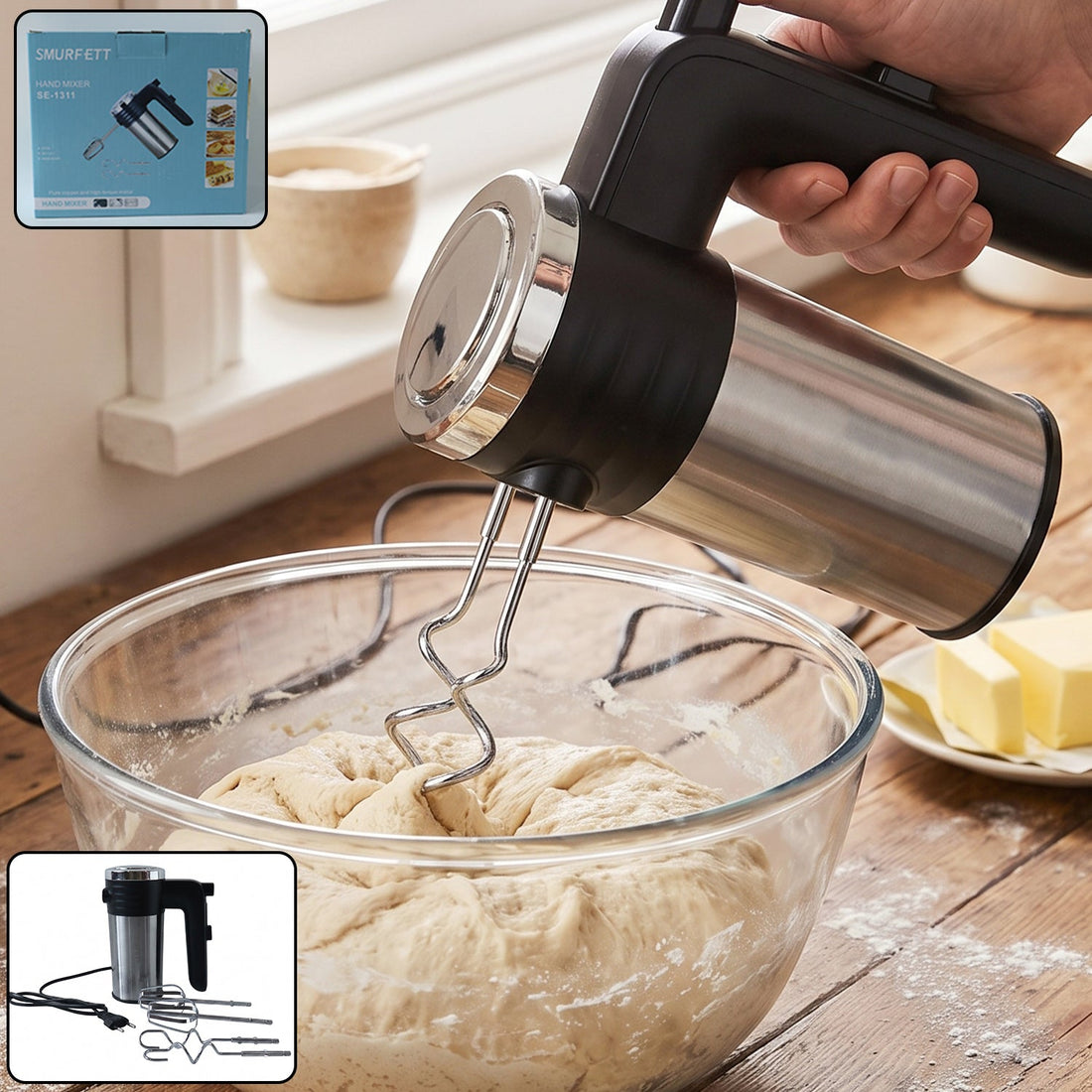 Electric hand mixer 500W with beaters and dough hooks for baking (1 pc)