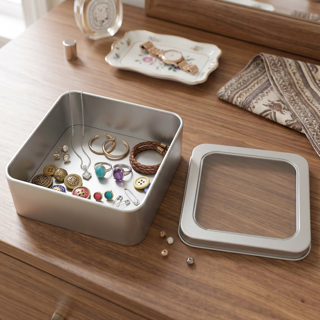 Clear window metal storage tin box