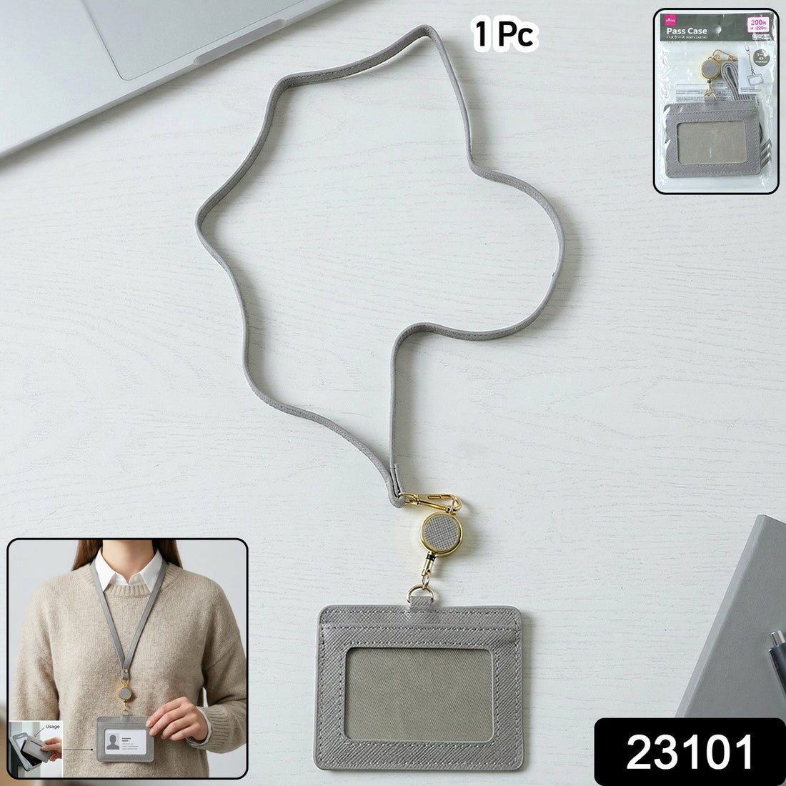 ID card holder with adjustable neck strap showing durable transparent window
