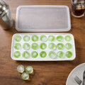 Secure lid on a plastic ice cube tray preventing spills and keeping ice fresh in the freezer.