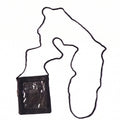 Side view of the black leather neck wallet with lanyard around the neck