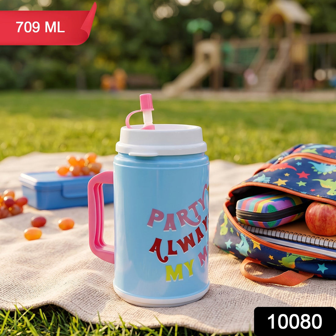 Front view of the leak-resistant insulated mug with straw, 709 ml capacity.