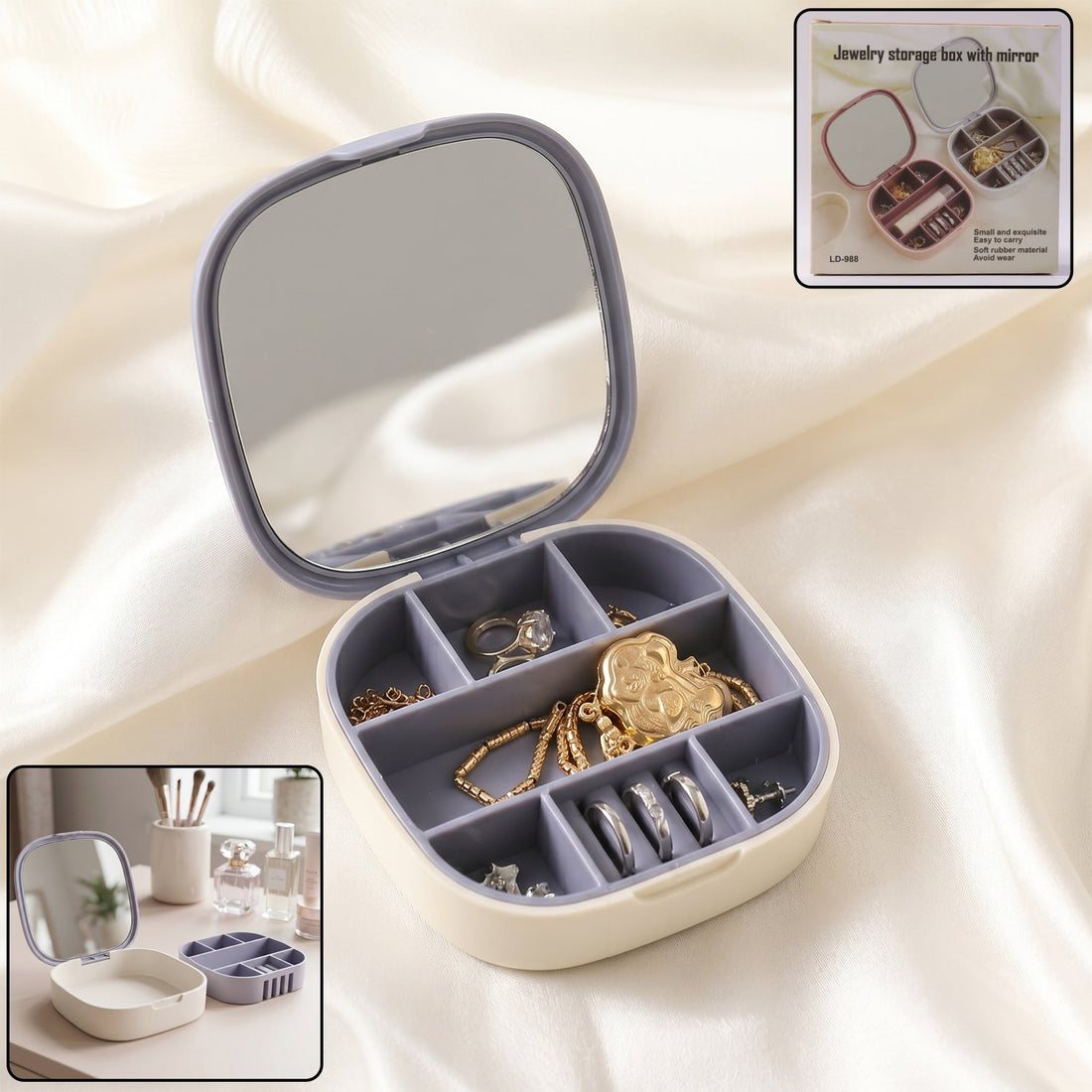 Jewelry storage box with compartments and built-in mirror for organized jewelry