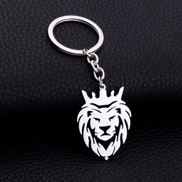 Durable stainless steel lion head keychain with crown design on a white background