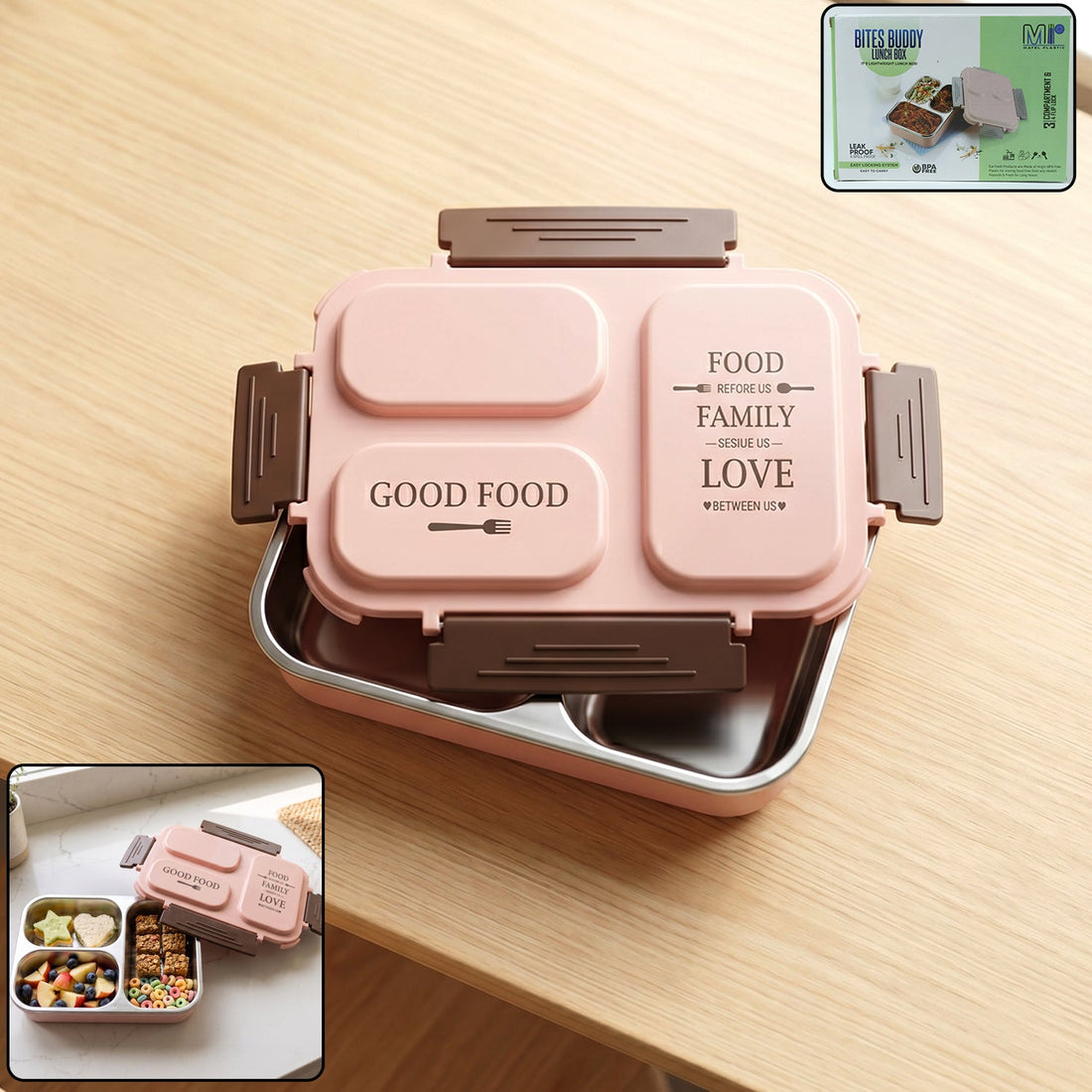 Opened 3-compartment stainless steel lunch box containing fresh separate meals