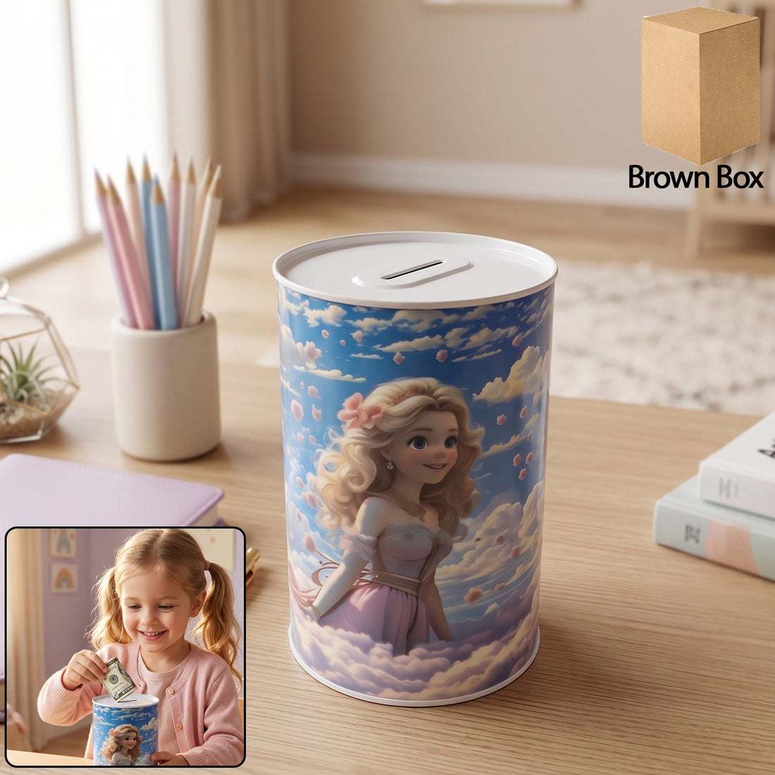 Main image showcasing a princess themed kids money bank with cloud print.