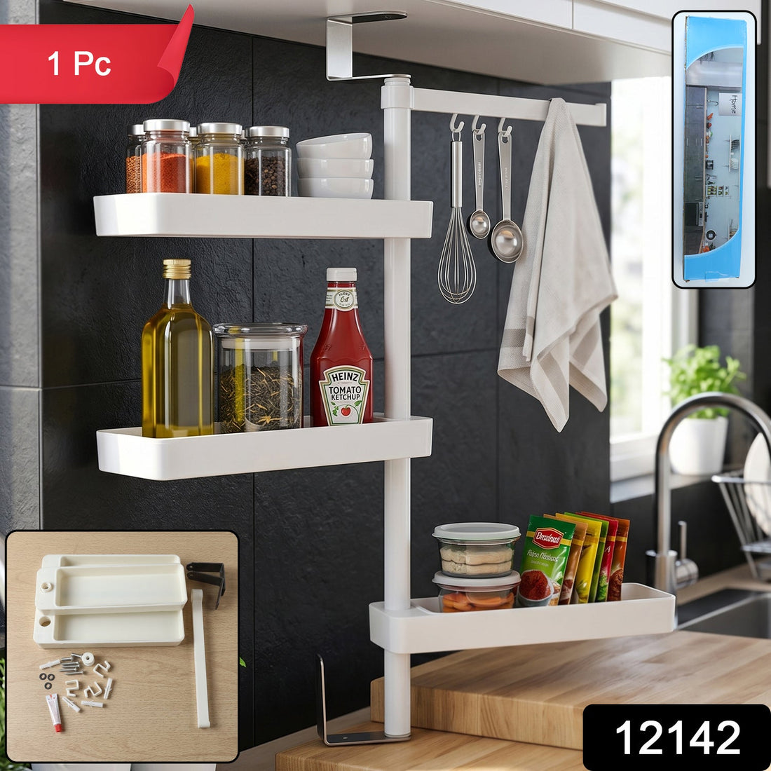 4-tier rotating storage rack organised neatly on kitchen counter