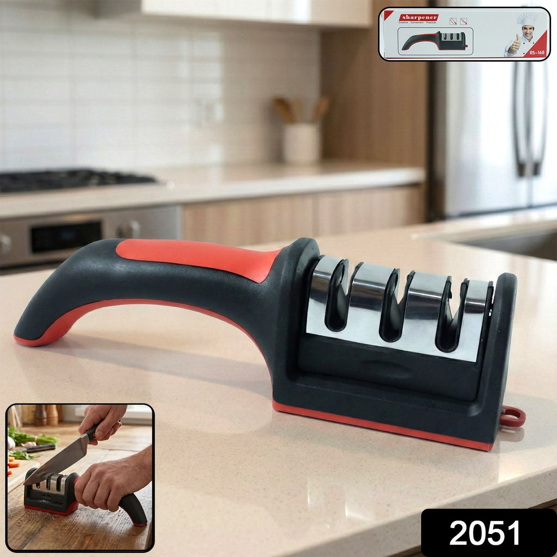 Red and black 3-stage manual knife sharpener for home kitchen use.