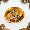 Side view of the Peacock Meenakari Pooja Tray with its functional carry handle.