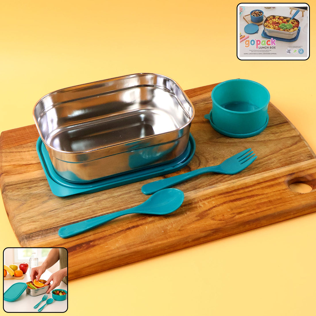 Stainless steel lunch box set with separate snack container and included fork and spoon