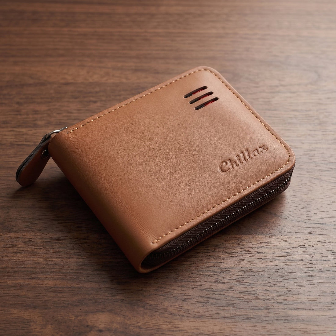 Front view of zip-around card holder wallet showing compact design