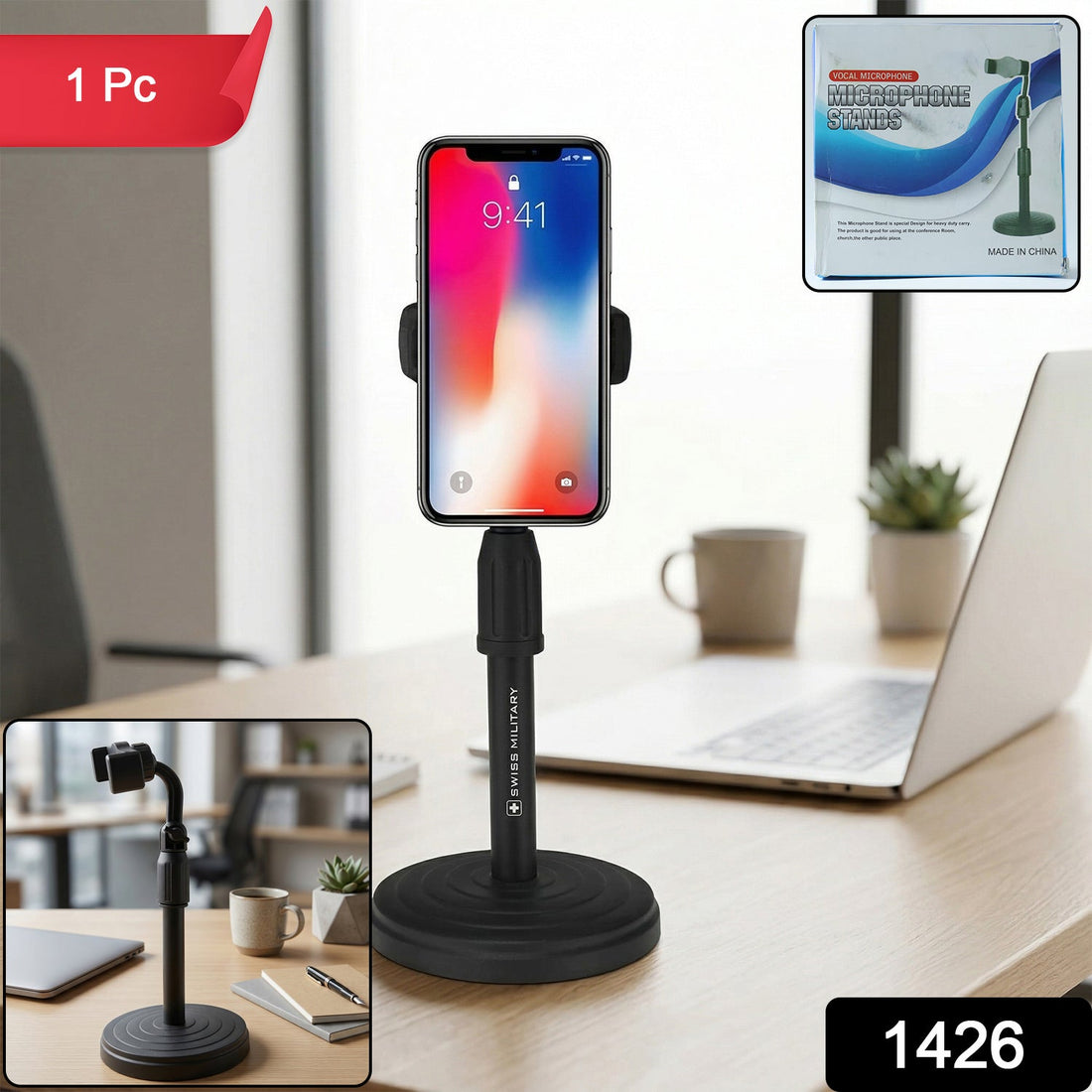 Adjustable 360° rotating mobile phone holder with heavy base on desk