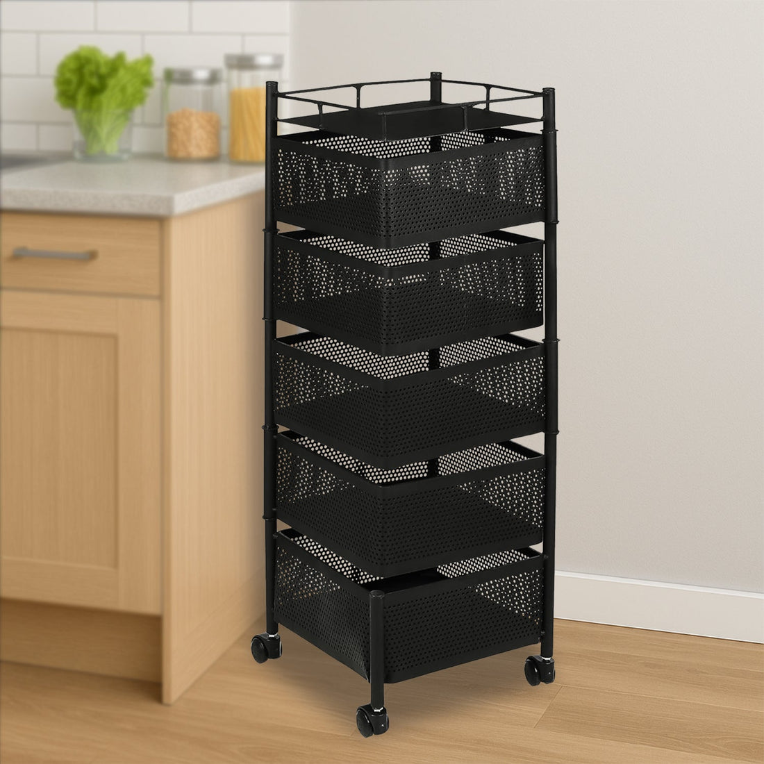 5 Layer Kitchen Storage Trolley with mesh baskets for organized kitchen storage