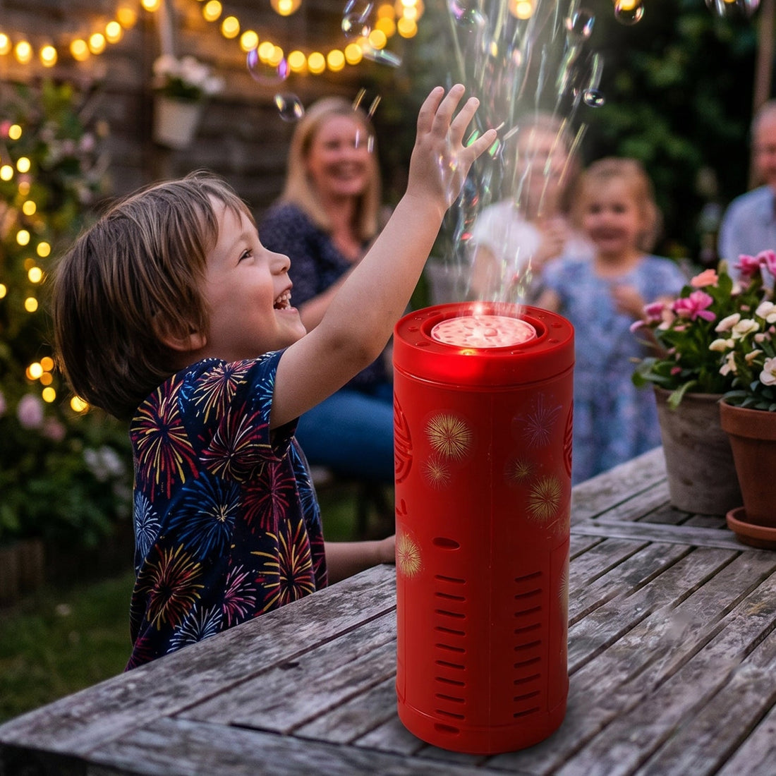 Bubble machine toy emitting bubbles with LED light effects for kids