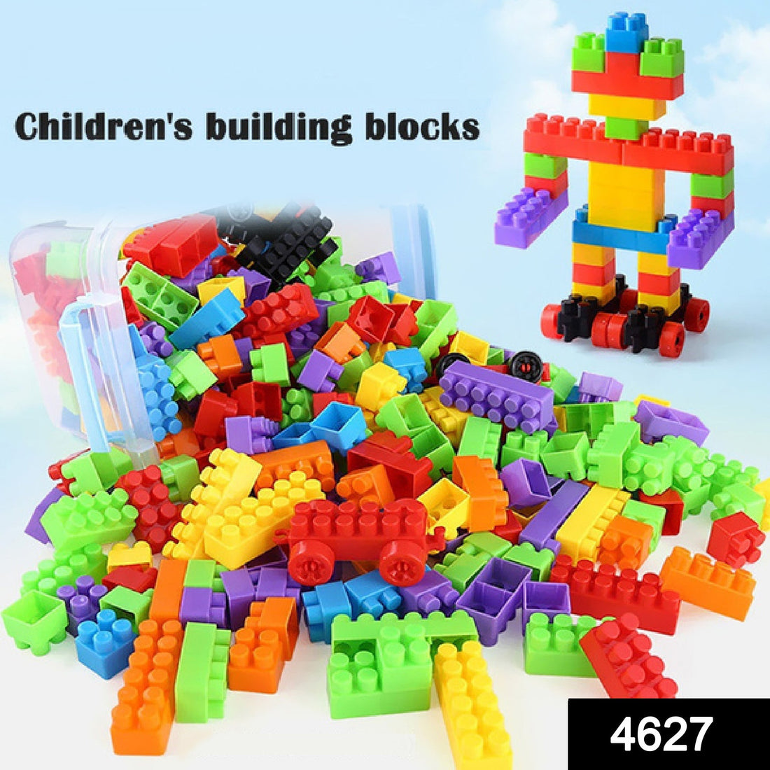 Colorful plastic building blocks for kids in a gift-ready bag, promoting creative play.