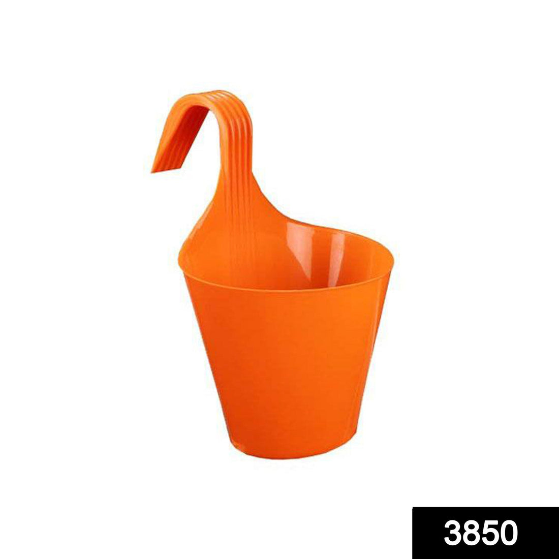 Multicolour plastic hanging planter pot displayed on a railing.