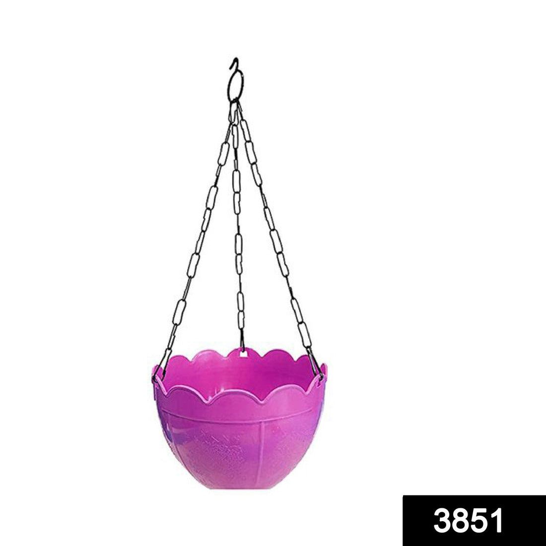 Plastic hanging flower pot with steel chain for garden or balcony.