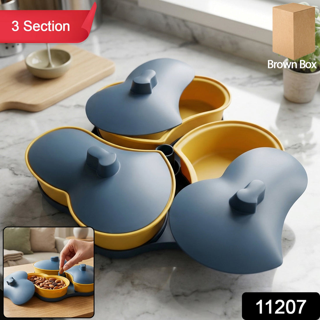 Stylish multipurpose snack serving tray with three compartments and lids
